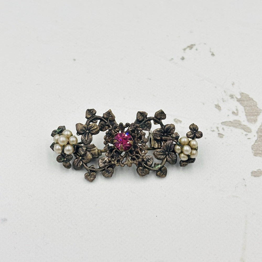 Vintage Mid Century Brass Filigree Brooch Hand Wired Pearls and Pink Rhinestoneβ